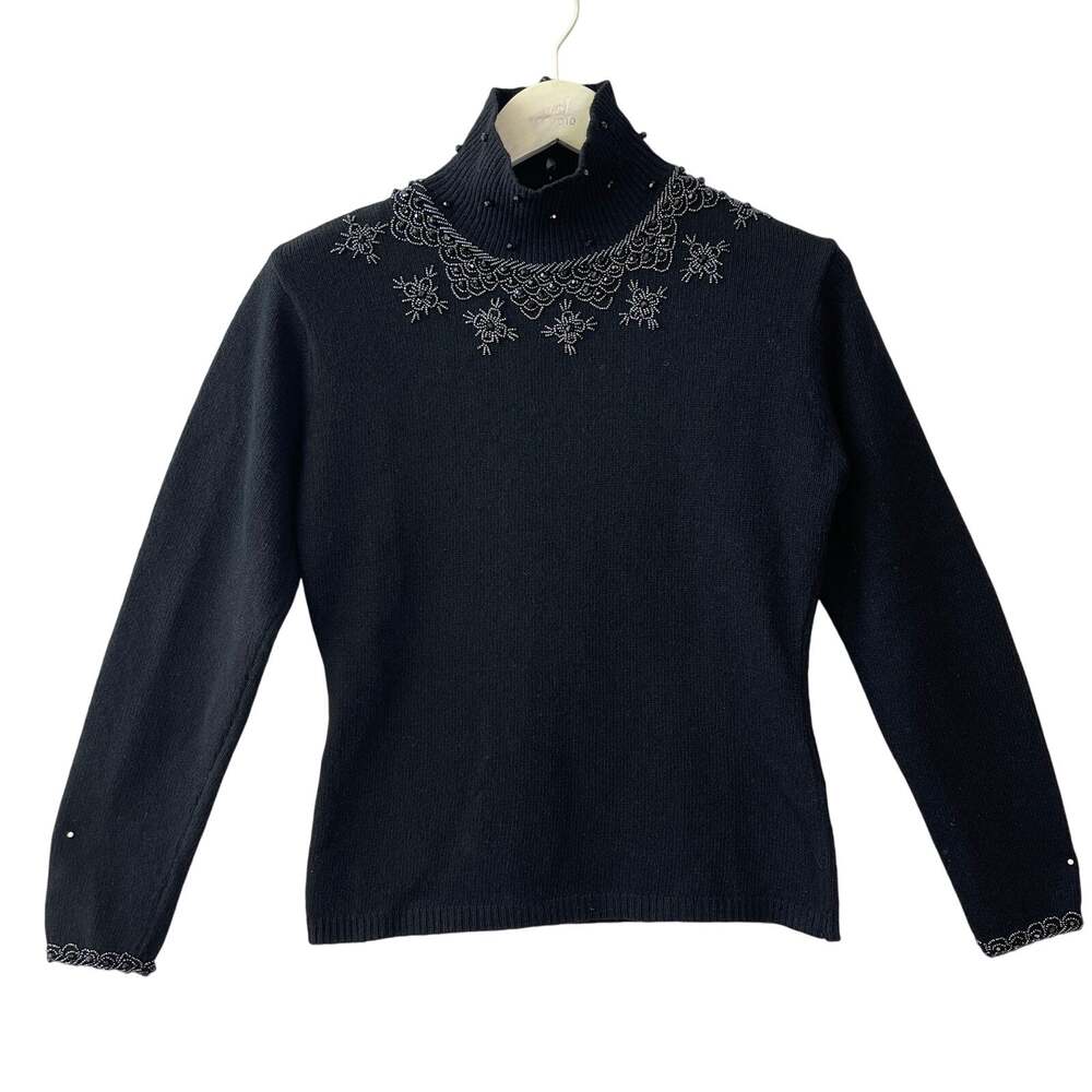 VINTAGE 80s Jet Beaded Turtleneck Sweater Size S/M